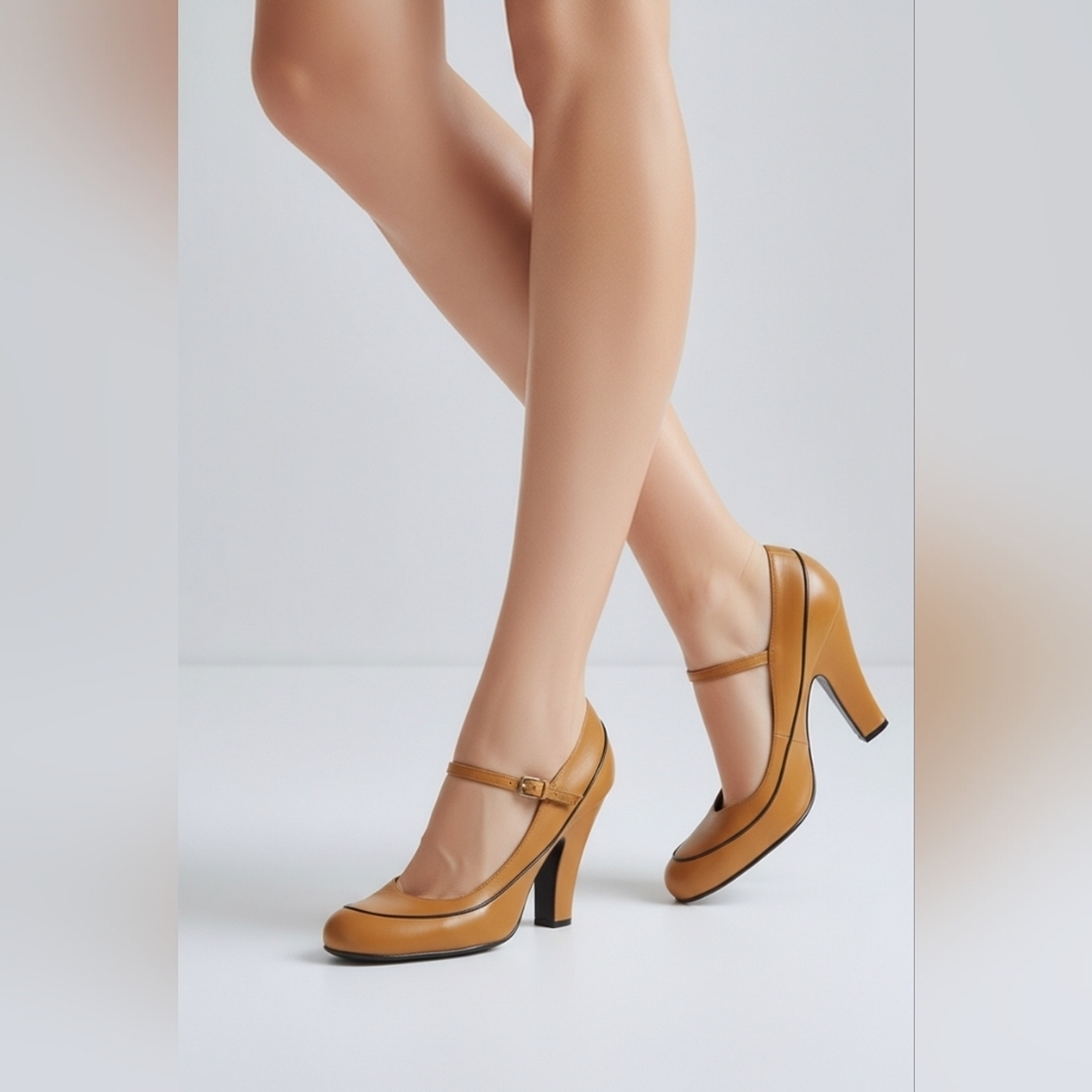 Vince Camuto SZ‎ 8.5/38.5 Caramel Mary Jane 3.5" Heel Eclectic Vintage Inspired